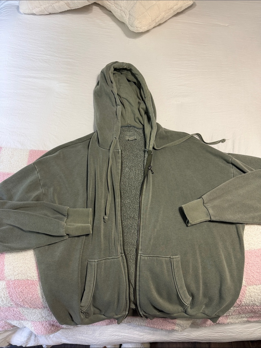 American Eagle Outfitters Full Zip Jacket w/ Drawstring in Washed Olive Green- S